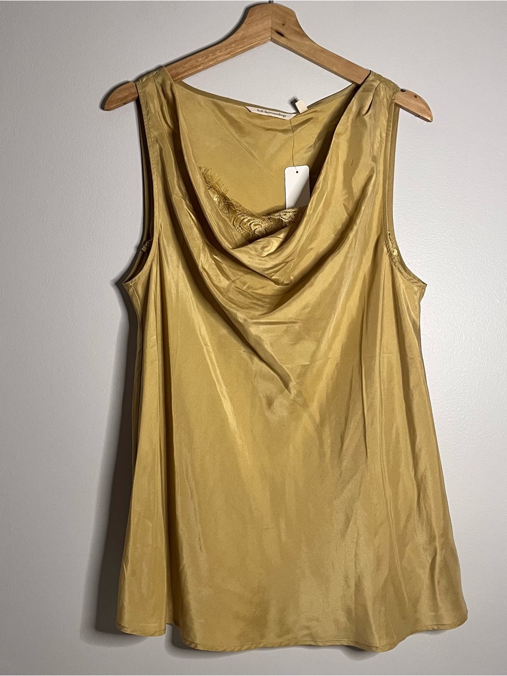New Soft Surroundings Gold Silk Romance Cowl Neck Tank Top Sleeveless Lace PL